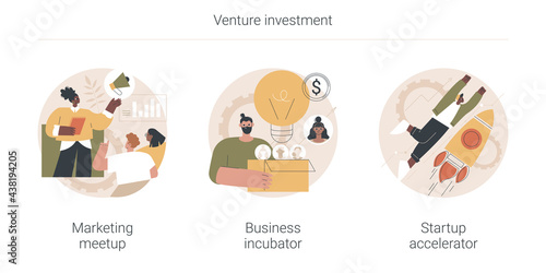 Venture investment abstract concept vector illustration set. Marketing meetup, business incubator, startup accelerator, sharing experience, business internet forum, opportunity abstract metaphor.