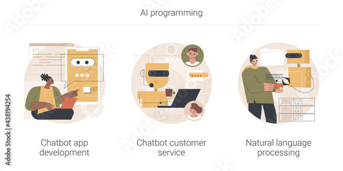 AI programming abstract concept vector illustration set. Chatbot app development, customer service, natural language processing, client support, web chat, machine learning abstract metaphor.
