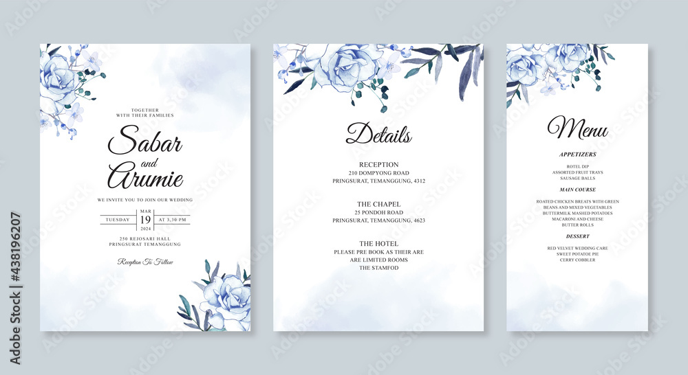 Wedding card invitation set template with watercolor flower