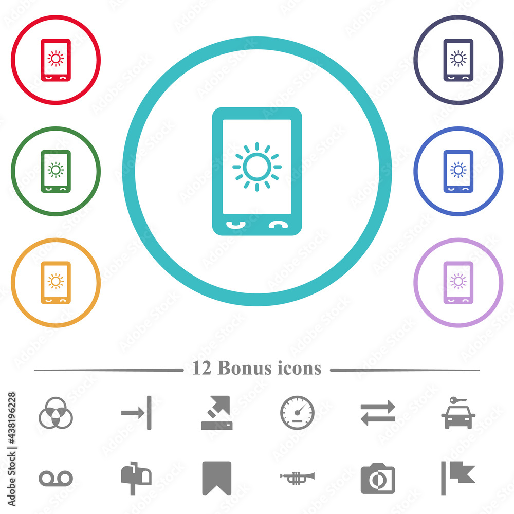 Mobile display brightness flat color icons in circle shape outlines Mobile display brightness flat color icons in circle shape outlines