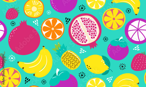 Seamless pattern fruits, Orange, Banana, Pomegranate, Mangosteen, Strawberry, Pineapple, Watermelon, Lemon and leaf 