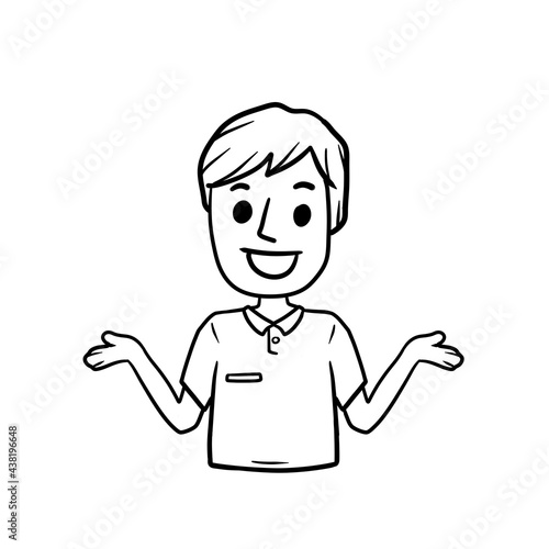 Man with Spread hands. Smiling young boy in shirt. Doubt and timidity. Hand drawn sketch cartoon. Uncertainty and shrugging. Funny illustration