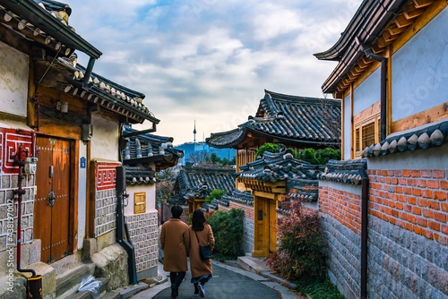 Photography Bukchon Hanok Village Is the name traditional cultural village in downtown Seoul in the morning, with beautiful shining light, South Korea