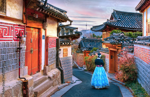 Bukchon Hanok Village Is the name traditional cultural village in downtown Seoul in the morning, with beautiful shining light, South Korea. photo