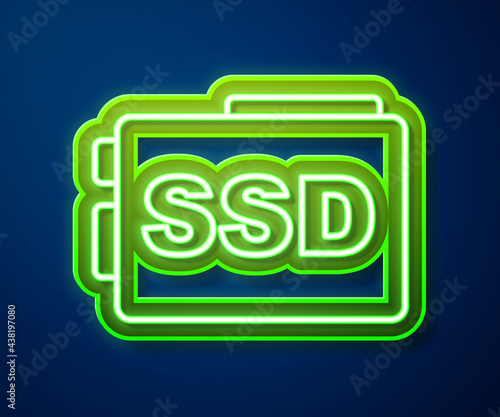 Glowing neon line SSD card icon isolated on blue background. Solid state drive sign. Storage disk symbol. Vector photo