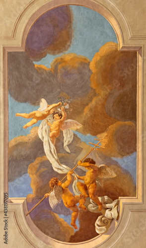 Obraz na plátne REGGIO EMILIA, ITALY - APRIL 13, 2018: The fresco of angels with the papal cross in church Chiesa di San Pietro by Anselmo Govi (1939)