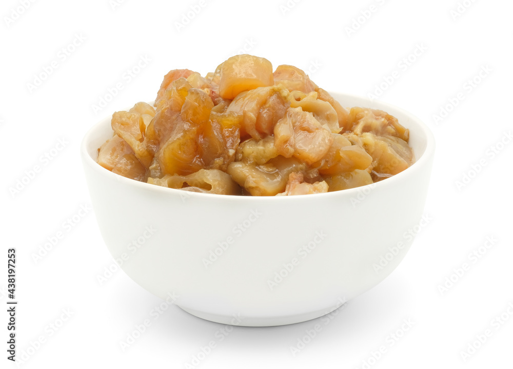 Beef tendons stewed in ceramic white bowl isolated on white background with clipping path. Beef tendons stewed in ceramic white bowl isolated on white background with clipping path.