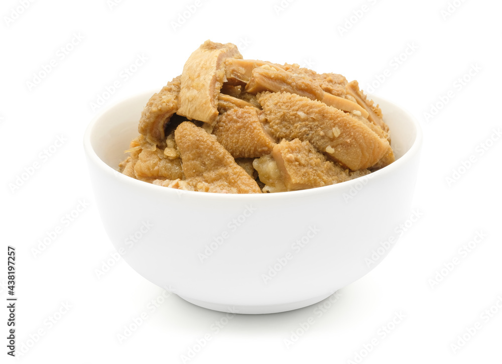 Braised beef stomach tripe stewed sliced in ceramic white bowl isolated on white background with clipping path. Braised beef stomach tripe stewed sliced in ceramic white bowl isolated on white background with clipping path.