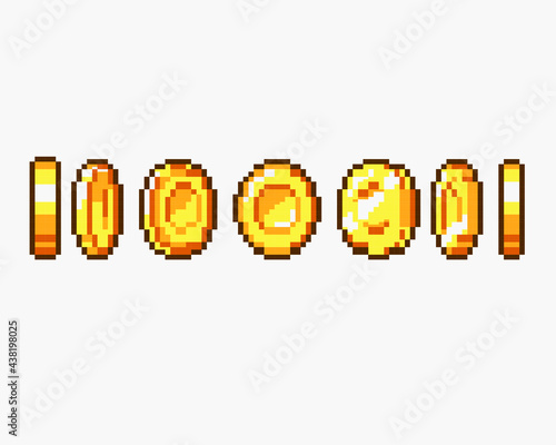 Set of 8-bit pixel graphics icons. Isolated vector illustration. Game art. Coins of gold for animation