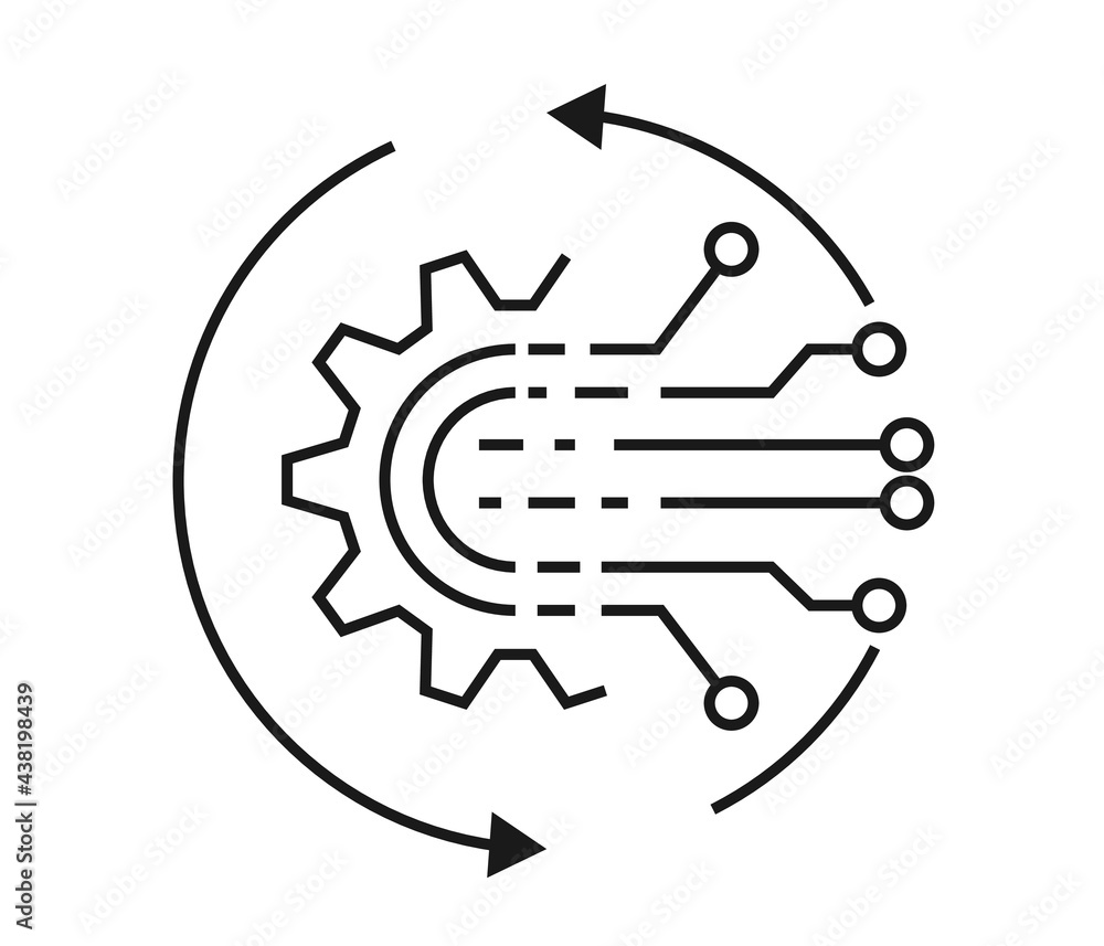 Vector gear with circuit board, artificial intelligence flat color line icon. Symbol and sign illustration design. Isolated on white background Vector gear with circuit board, artificial intelligence flat color line icon. Symbol and sign illustration design. Isolated on white background