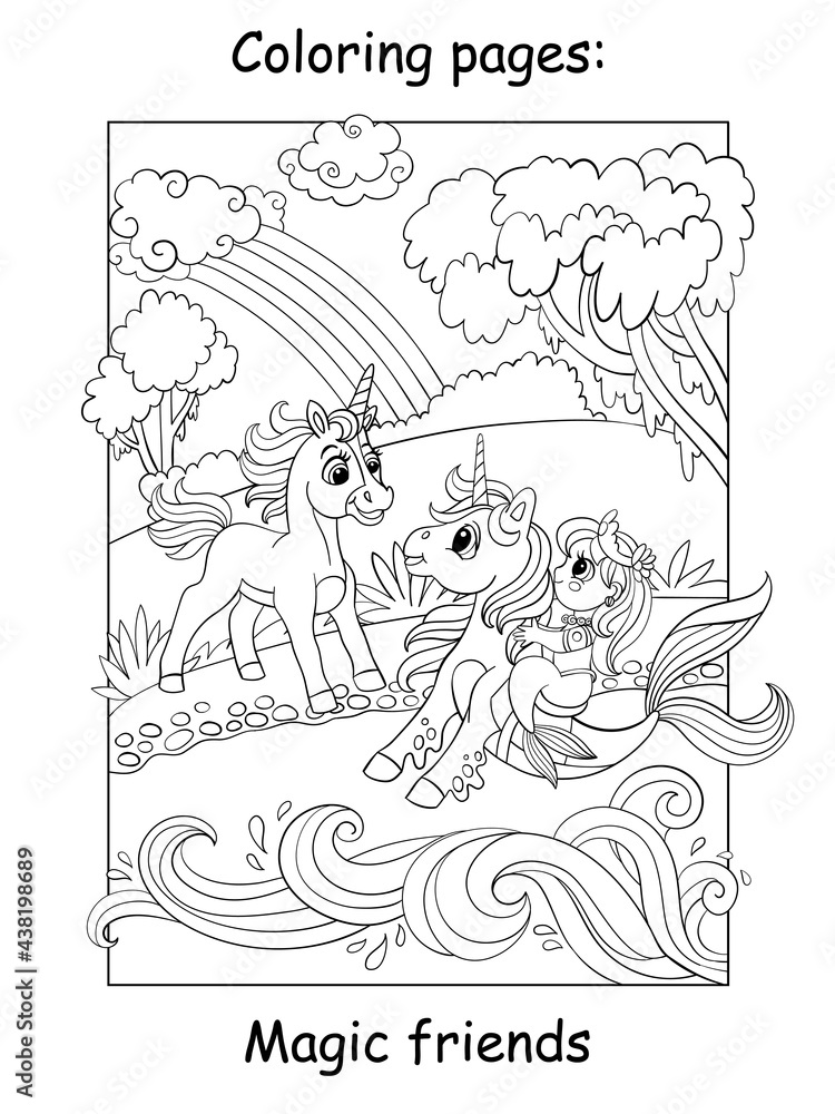 Coloring book page unicorn met a mermaid on a seahorse