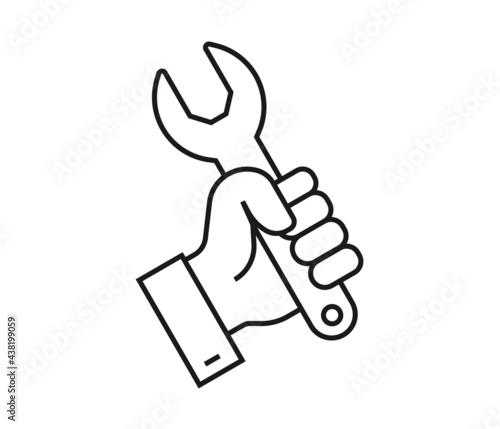 Hand holding wrench thin line icon. Repair and maintenance concept. Vector illustration symbol element for web design and apps