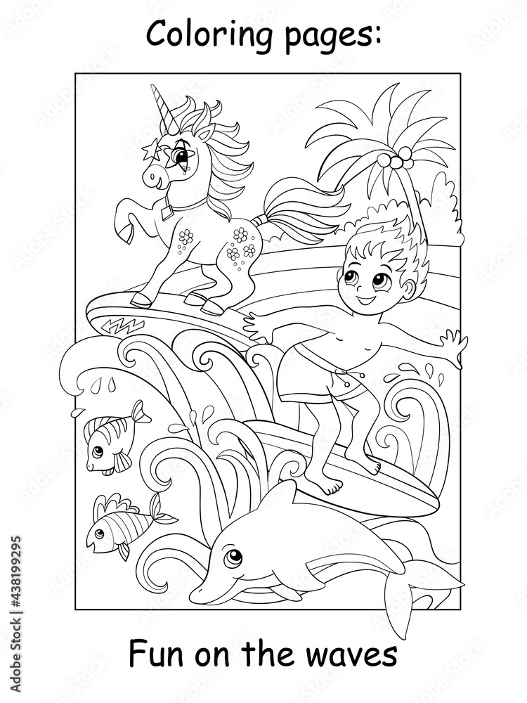 Fototapeta premium Coloring book page boy and unicorn surf on the waves