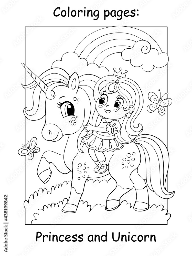 Coloring book page cute princess riding on a unicorn Stock Vector