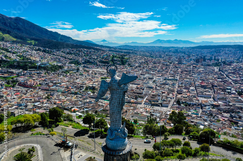 Quito, Ecuador, 25-5-2021: Aerial view of the back of El Panecillo in Quito, a famous statue within the city of Ecuador, South America