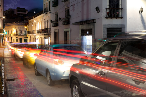 Quito, Ecuador, 25-5-2021: long exposure of traffic lined up in the historical city center of Quito in Ecuador, South America