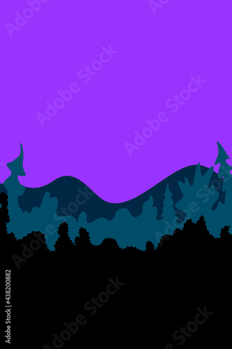 Vector abstract simple landscape backdrop  poster in dark purple blue green tones. Night sky on background of silhouette of forest  trees  mountains. Isolated illustration in flat style