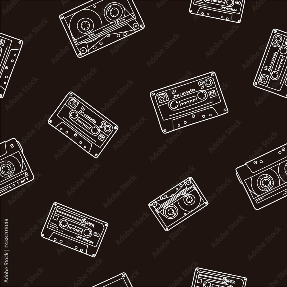 Cassette tapes pattern in doodle style. Vector seamless background. 