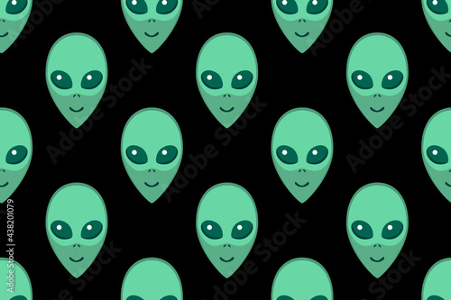 Seamless pattern with Aliens green heads. UFO, Humanoids endless backdrop isolated. Smiling visitors, Martians. Vector illustration, wallpaper on theme of space, conspiracy theory, Sci-fi, fantastic