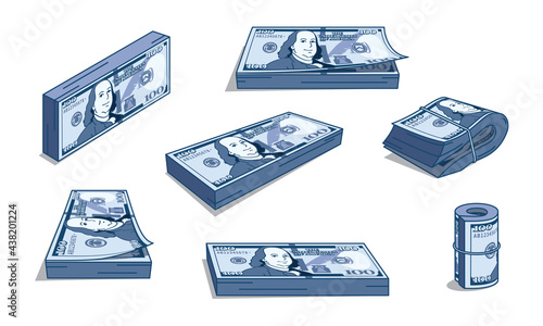 US currency, a set of bills of various angles. 100 dollars.