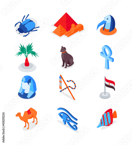 Egyptian symbols - modern colorful isometric icons set