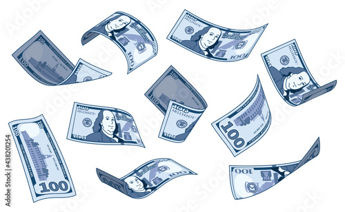 US currency, a set of falling bills in various forms. 100 dollars.