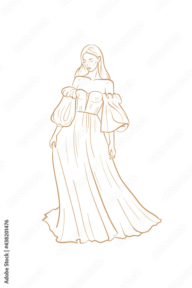 Wedding dress, bride. Trend vector illustration. Linear art. Icon for wedding agencies, photographers, law shops, florists, pastry shops Wedding dress, bride. Trend vector illustration. Linear art. Icon for wedding agencies, photographers, law shops, florists, pastry shops