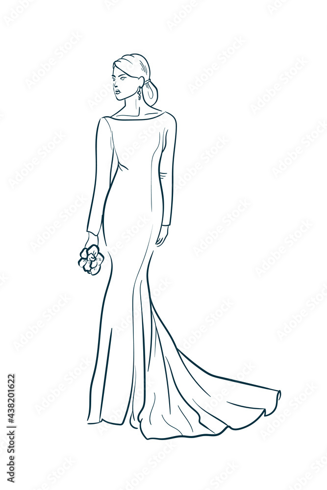 Wedding dress, bride. Trend vector illustration. Linear art. Icon for wedding agencies, photographers, law shops, florists, pastry shops