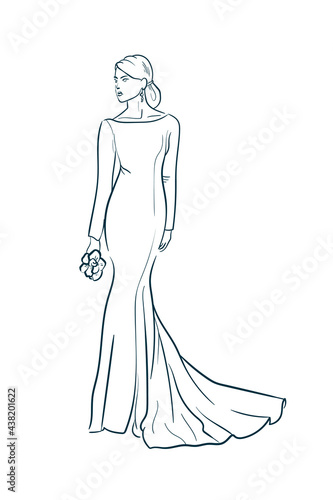 Wedding dress, bride. Trend vector illustration. Linear art. Icon for wedding agencies, photographers, law shops, florists, pastry shops