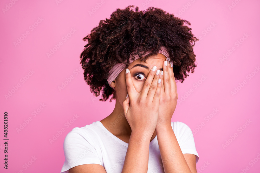 Portrait of brunette lady hide face wear white t-shirt hairband isolated on pastel pink background Portrait of brunette lady hide face wear white t-shirt hairband isolated on pastel pink background