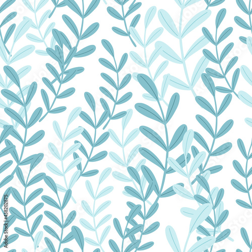 Decorative seamless isolated pattern with random blue simple style herbal twigs ornament. White background.