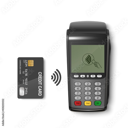 Vector 3d Realistic Black Wi-Fi Payment Machine and Credit Card. POS Terminal Isolated. Design Template, Bank Payment Terminal, Mockup. Processing NFC Payments Device. Top View