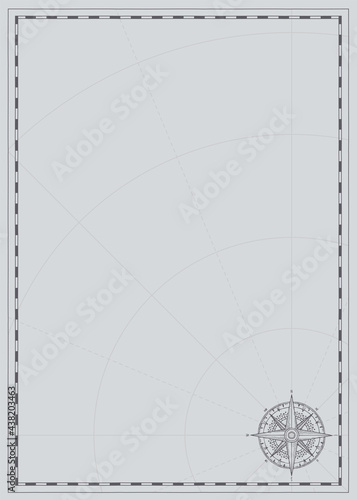 Vector background with wind rose compass sign and place for text. Vintage illustration on theme of travel, adventure and discovery on a grey backdrop with meridians and parallels. Pirate map concept.