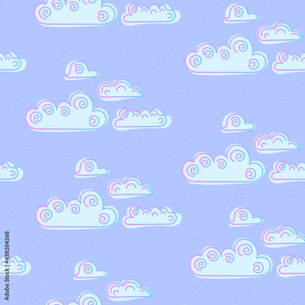 blue childrens seamless pattern with small clouds with curls