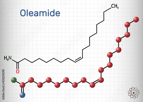 Oleamide molecule. It is fatty amide derived from oleic acid. Structural chemical formula and molecule model. Sheet of paper in a cage