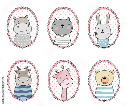 Cartoon sketch the cute animals. Hand drawn style.