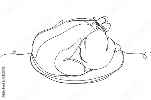 Continuous one line of platter of cooked turkey or chicken with garnish in silhouette. Linear stylized.Minimalist.