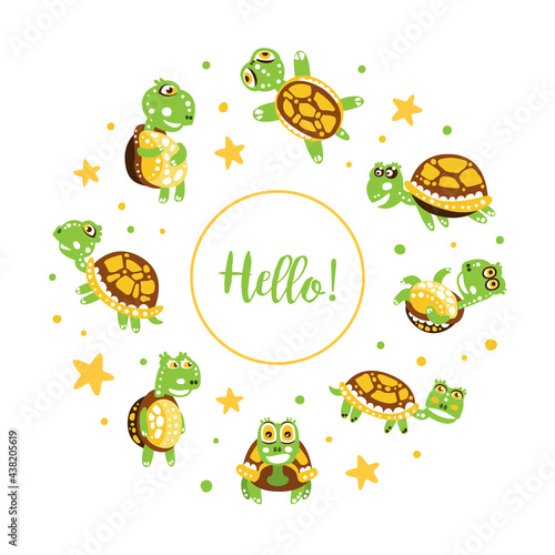 Hello Card with Happy Green Turtle with Shell Vector Illustration