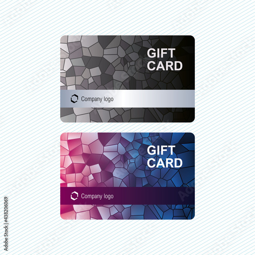 Gift or bank plastic cards template with abstract geometric background. Mosaic flat and gradient pattern. Vector illustration