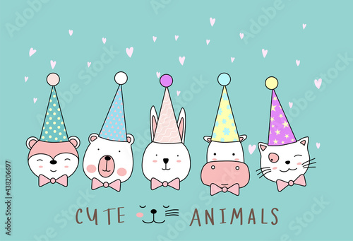 Cartoon sketch the cute animals. Hand drawn style.