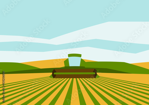 Combine harvester on wheat field. Agricultural illustration farm rural landscape.