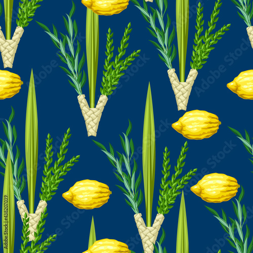 Happy Sukkot seamless pattern. Holiday background with Jewish festival traditional symbols.