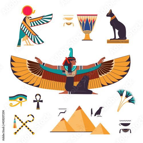 Egypt Symbols and Attributes with Isis Goddess and Pyramid Vector Set