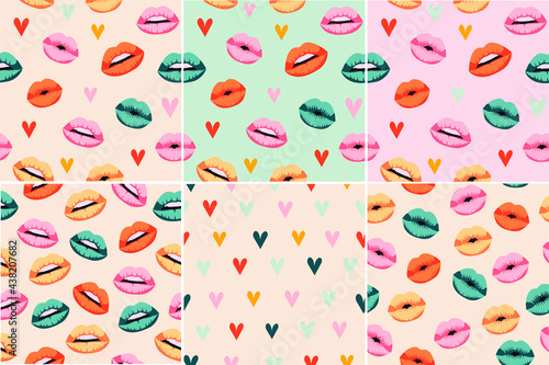 Woman lips kisses seamless pattern collection. Shades of  lipstick and hearts. Love theme, feminine design, Valentine's day. Variety of lip shapes on a soft background for textile, fabric, wallpaper