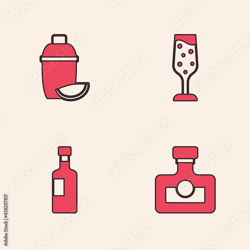 Set Alcohol drink Rum, Cocktail shaker with lime, Glass of champagne and Wine bottle icon. Vector