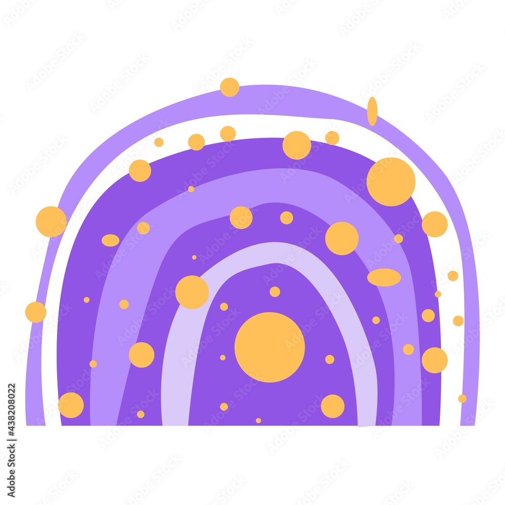 Obraz premium Boho rainbow in purple, decorated with yellow dots. Poster. Scandinavian design for kids wallpaper and home decor. Boho rainbow for baby shower invitations, postcards, posters in the nursery. Vector