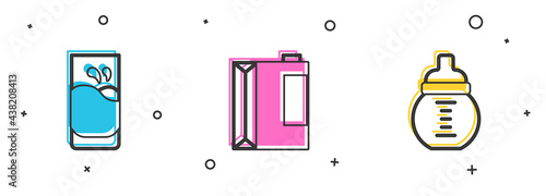 Set Glass with milk, Paper package for kefir and Baby in bottle icon. Vector