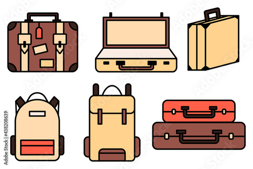 Luggage icons set and collection. Backpack, handbag, suitcase, briefcase, messenger bag, trolley, travel bag. thin line icons. Editable stroke icon. Vector illustration.