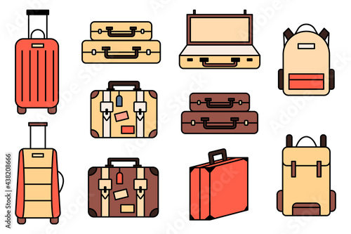 Luggage icons set and collection. Backpack, handbag, suitcase, briefcase, messenger bag, trolley, travel bag. thin line icons. Editable stroke icon. Vector illustration.
