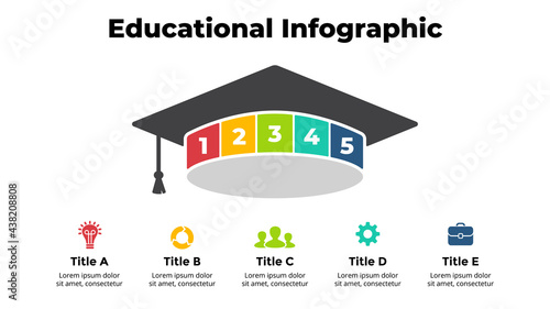 Graduation cap infographic. Educational concept. Student finished university. 5 options diagram. Vector slide template. Creative illustration. 